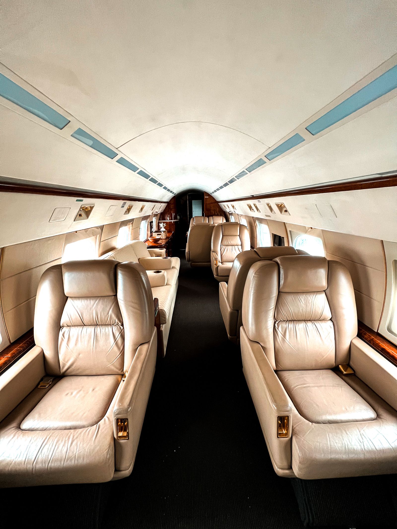 Leather seating in a private aircraft cabin