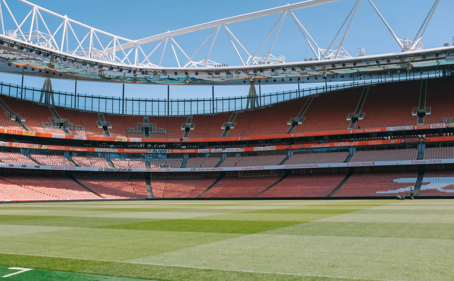An empty football stadium and pitch viewed from the stands